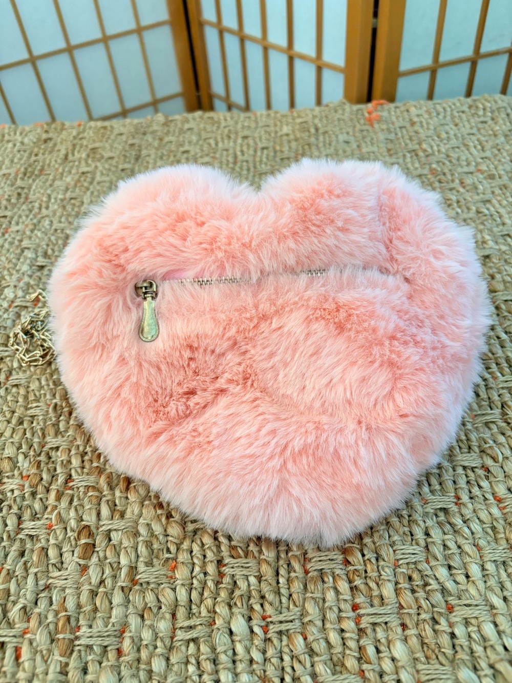 Soft Pink Heart Faux Fur Crossbody with Gold Chain